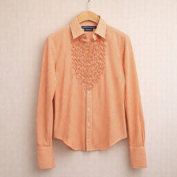 Ralph Lauren Blue Label Tops - RALPH LAUREN Striped Cotton Ruffle Bib Blouse Orange White Button Small